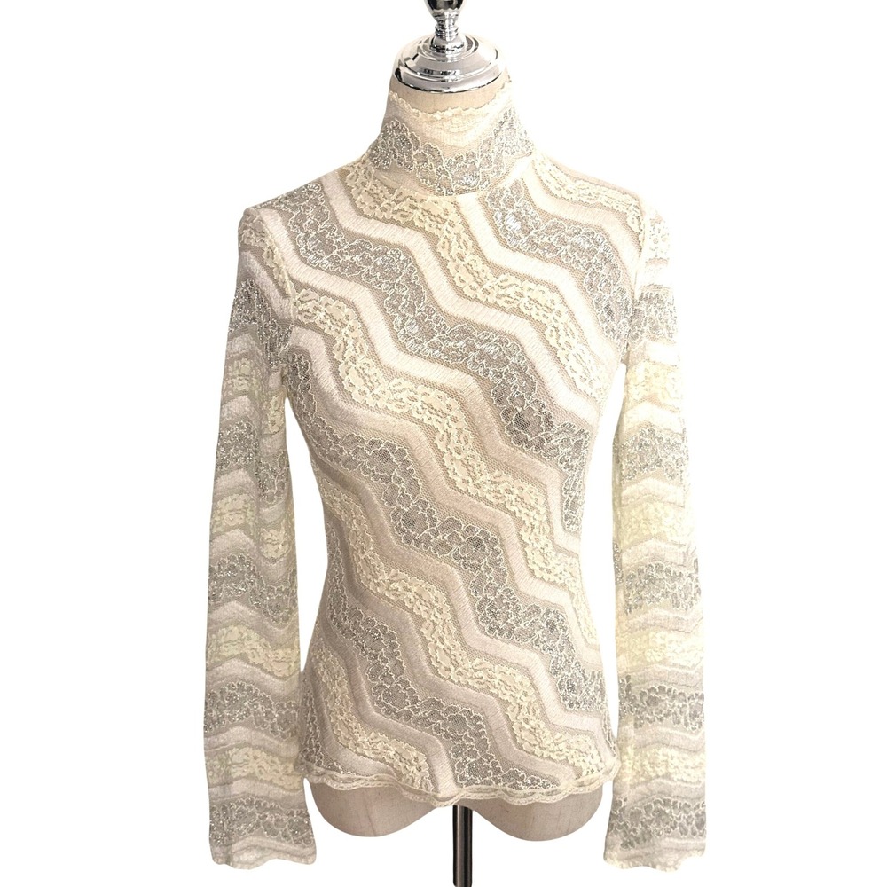 VTG Y2K Cache Cream Lace Top Metallic Silver Thread Lace Mock Neck Size Small